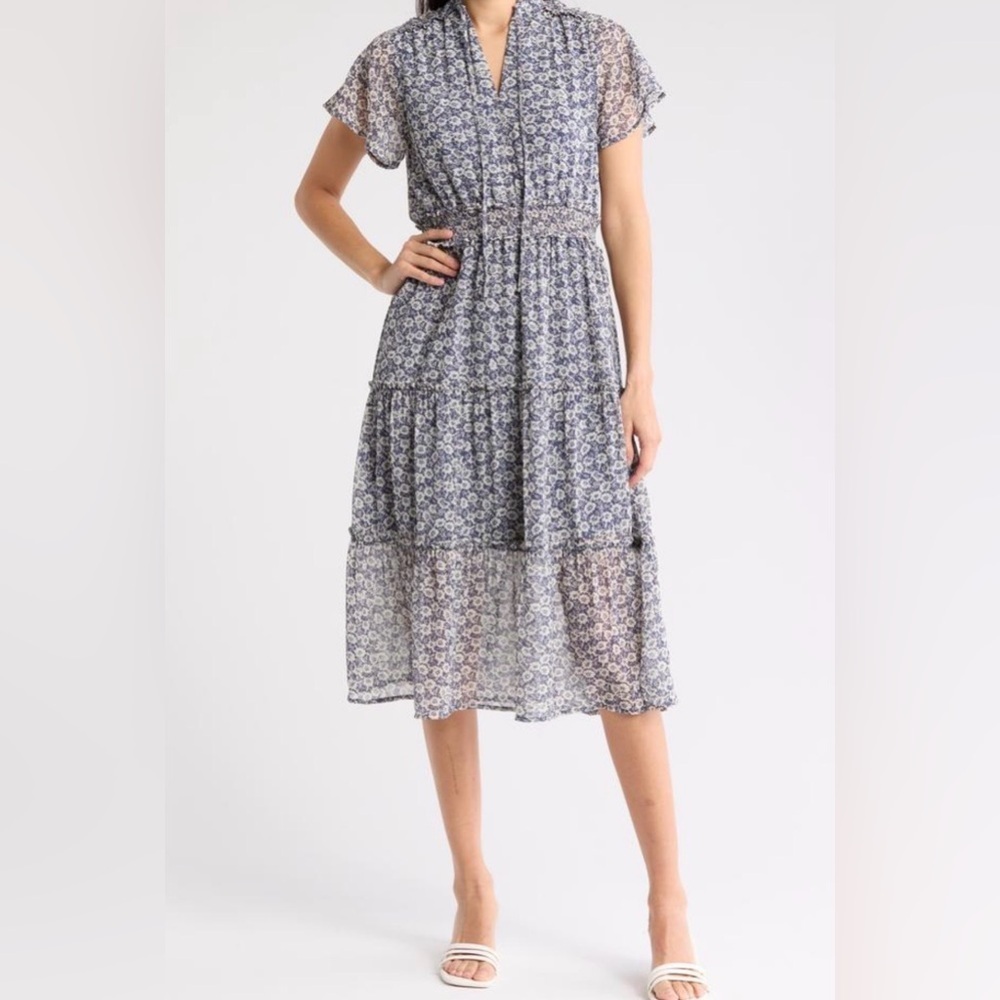Melrose & Market Floral Midi Dress Wedding Guest Small Flutter Sleeve Tiered S
